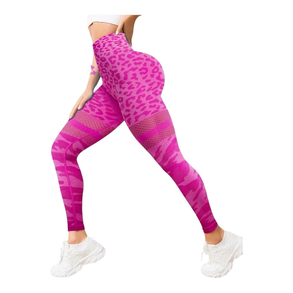 Women’s High-Waisted Yoga Leggings – Ribbed Leopard Print – Size S